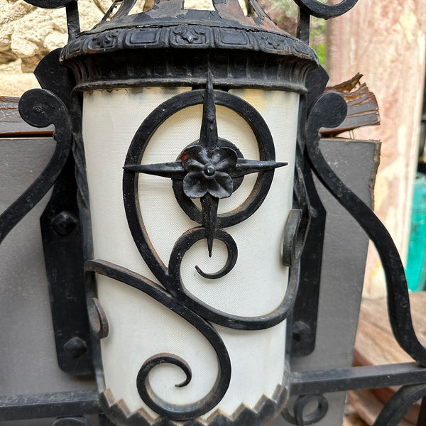 Large Pair of Spanish Wrought Iron Exterior Wall Lanterns Sconce Light Covers