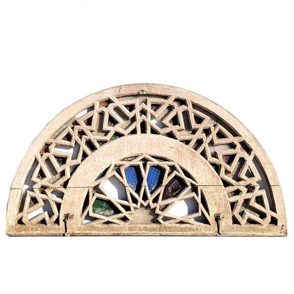 Moorish Painted Pine and Glass Fretwork Arched Transom Architectural Window