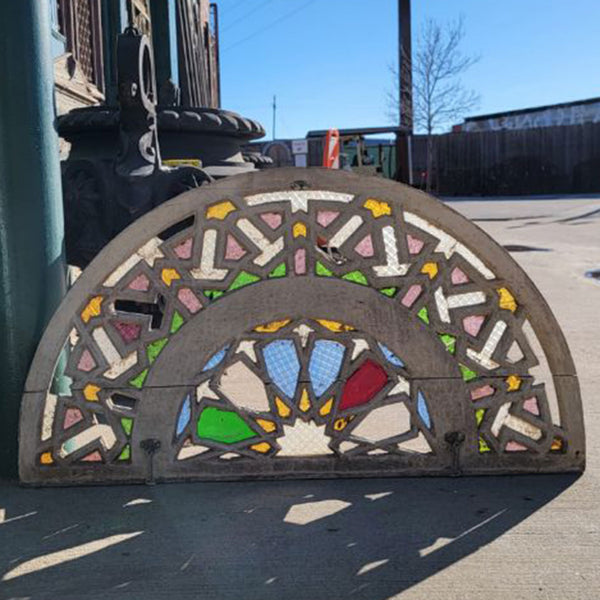 Moorish Painted Pine and Glass Fretwork Arched Transom Architectural Window