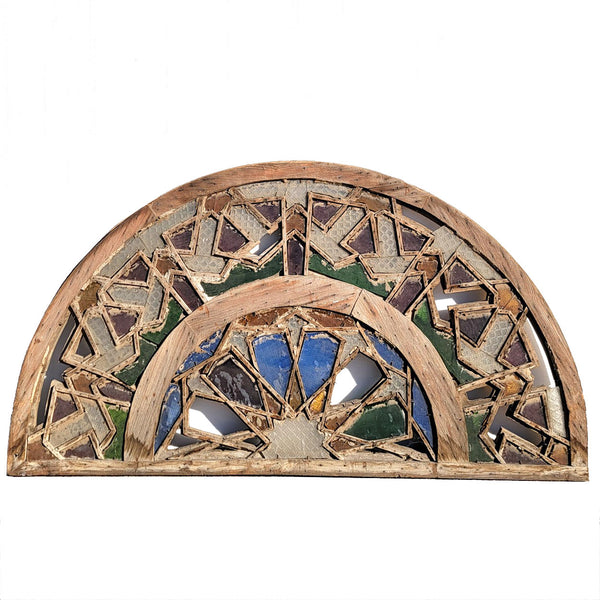 Moorish Painted Pine and Glass Fretwork Arched Transom Architectural Window