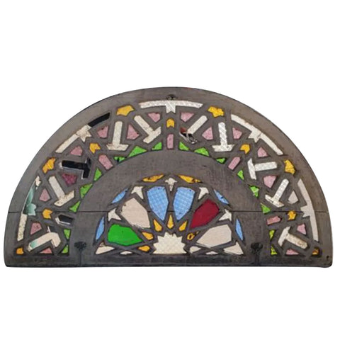 Moorish Painted Pine and Glass Fretwork Arched Transom Architectural Window