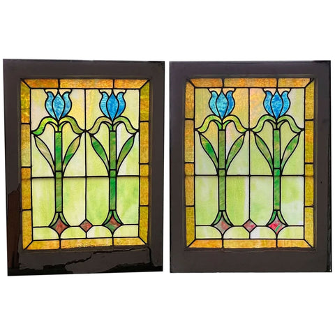 Pair American Art Nouveau Stained and Leaded Glass Tulip Windows