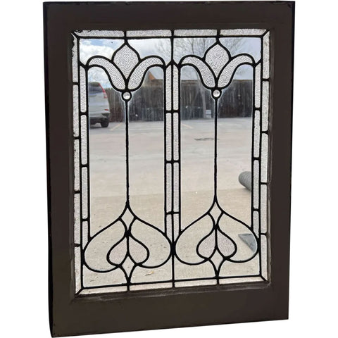 American Art Nouveau Stained, Textured and Leaded Glass Transom Tulip Window