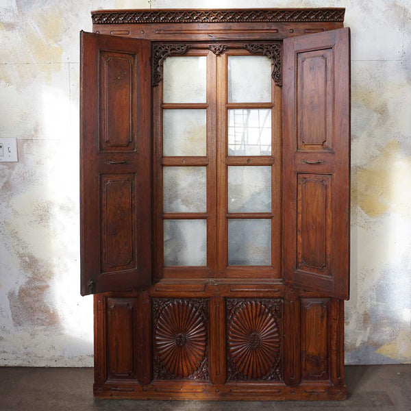 Large Indian Carved Teak and Glass Haveli Shutter Window