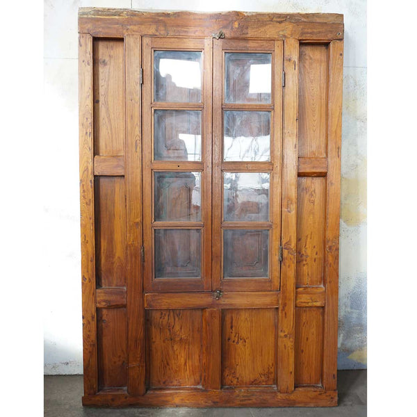 Large Indian Carved Teak and Glass Haveli Shutter Window