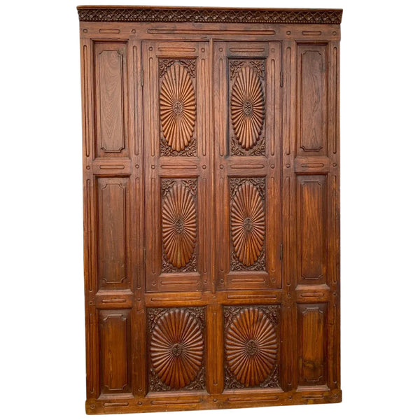 Large Indian Carved Teak and Glass Haveli Shutter Window