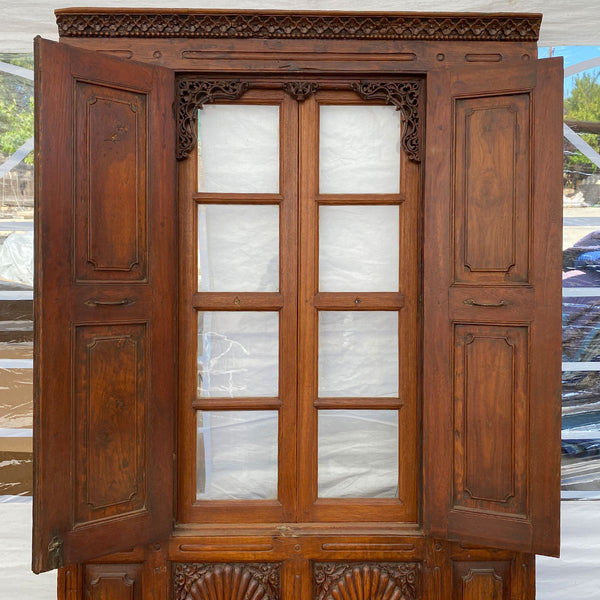 Large Indian Carved Teak and Glass Haveli Shutter Window