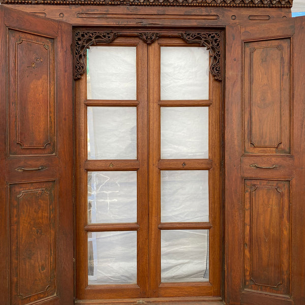 Large Indian Carved Teak and Glass Haveli Shutter Window