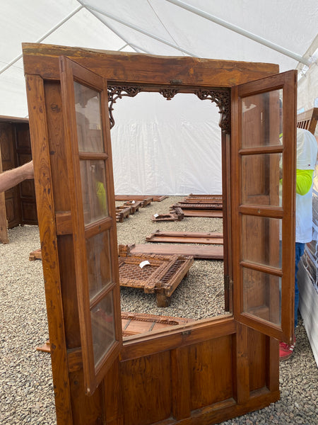 Large Indian Carved Teak and Glass Haveli Shutter Window