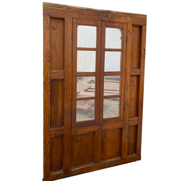 Large Indian Carved Teak and Glass Haveli Shutter Window