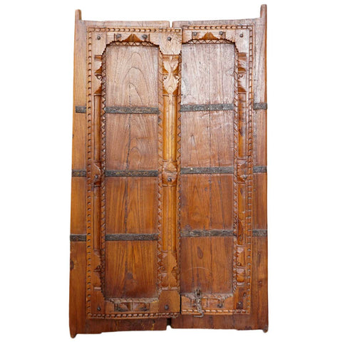 Indian Iron Mounted Carved Teak Haveli Double Window Shutters