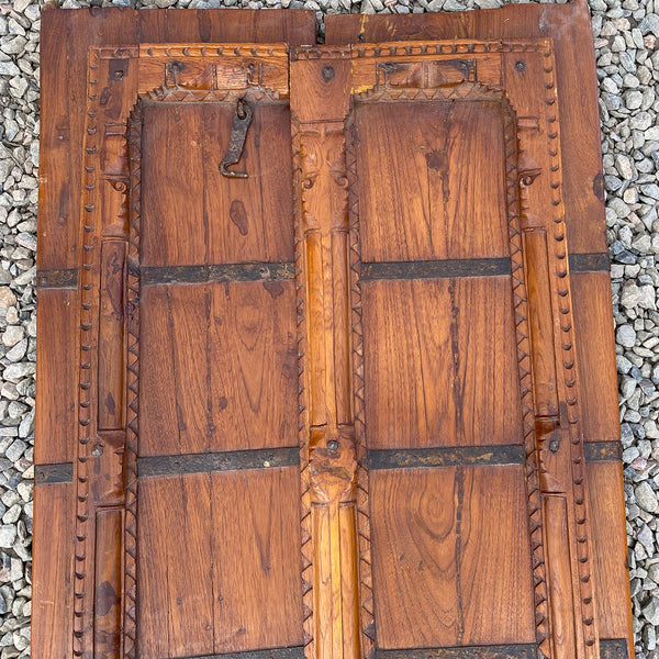 Indian Iron Mounted Carved Teak Haveli Double Window Shutters