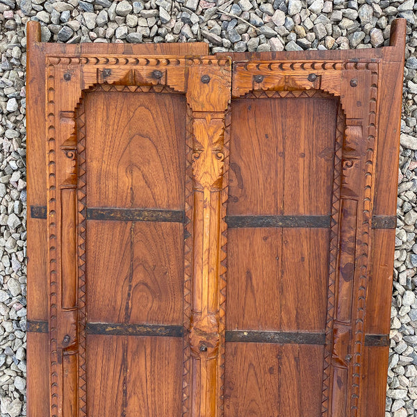 Indian Iron Mounted Carved Teak Haveli Double Window Shutters