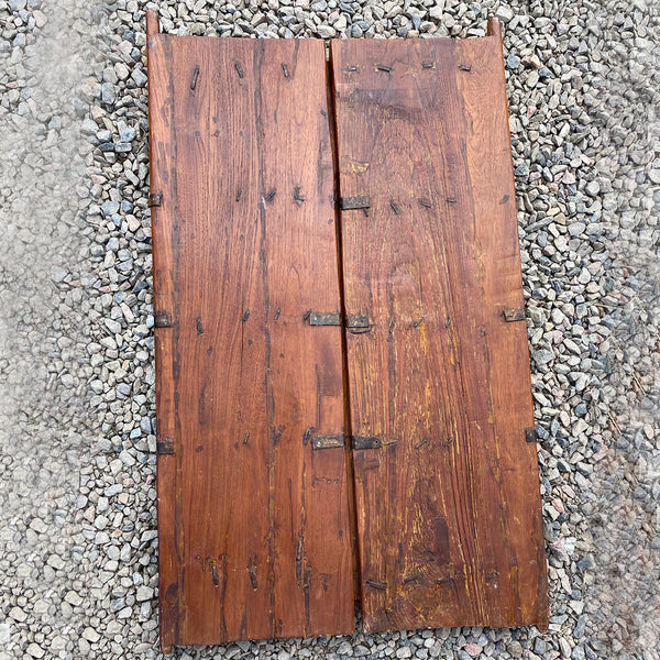 Indian Iron Mounted Carved Teak Haveli Double Window Shutters