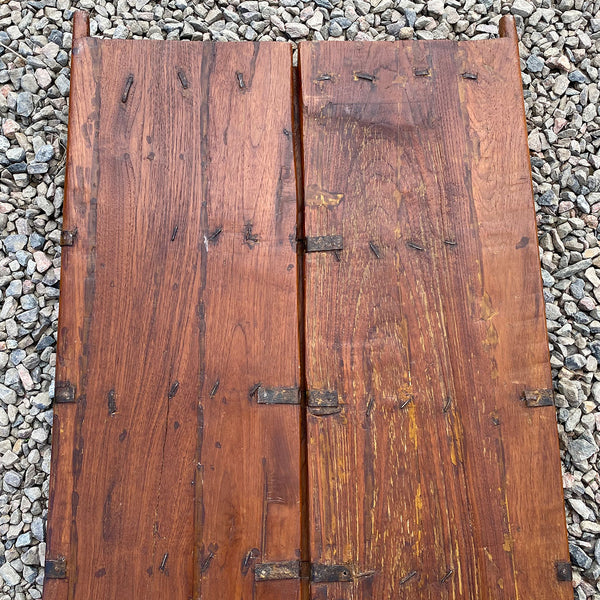 Indian Iron Mounted Carved Teak Haveli Double Window Shutters