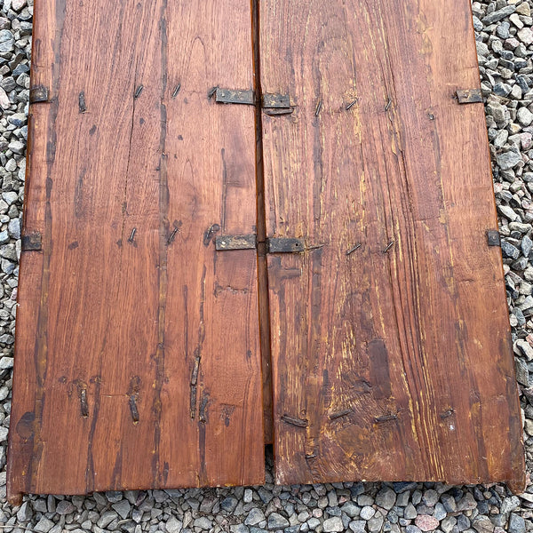 Indian Iron Mounted Carved Teak Haveli Double Window Shutters