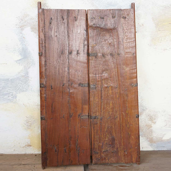 Indian Iron Mounted Carved Teak Haveli Double Window Shutters