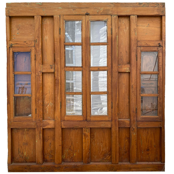 Large Indian Carved Teak Haveli Shutter Windows Wall Panel