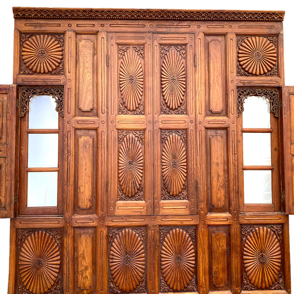 Large Indian Carved Teak Haveli Shutter Windows Wall Panel