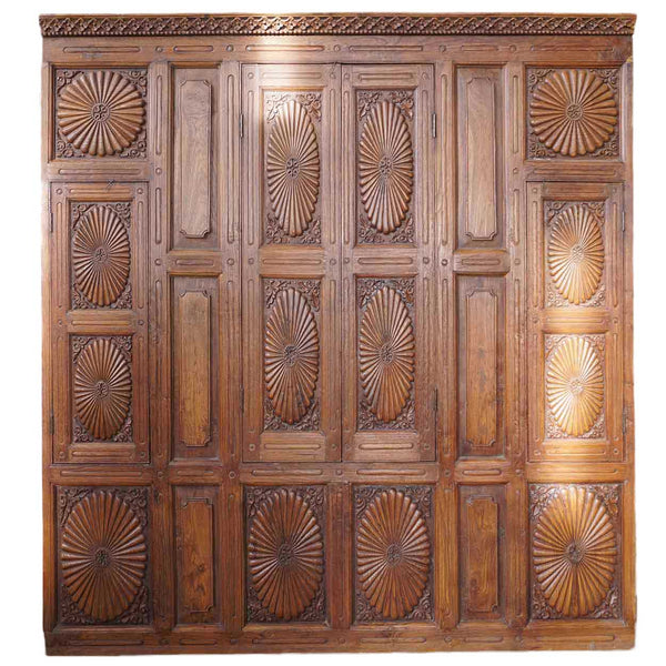 Large Indian Carved Teak Haveli Shutter Windows Wall Panel