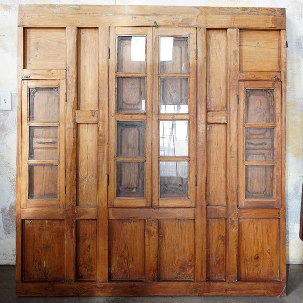 Large Indian Carved Teak Haveli Shutter Windows Wall Panel