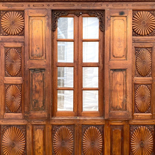 Large Indian Carved Teak Haveli Shutter Windows Wall Panel