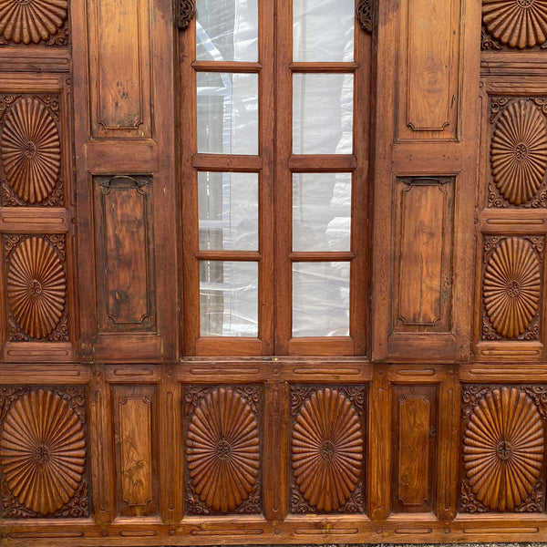 Large Indian Carved Teak Haveli Shutter Windows Wall Panel