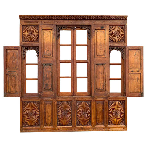 Large Indian Carved Teak Haveli Shutter Windows Wall Panel