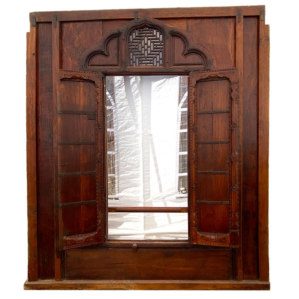 Large Indian Carved Teak Haveli Window with Shutters