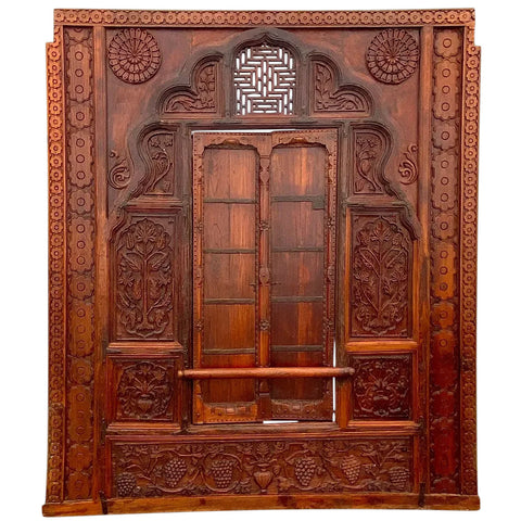 Large Indian Carved Teak Haveli Window with Shutters