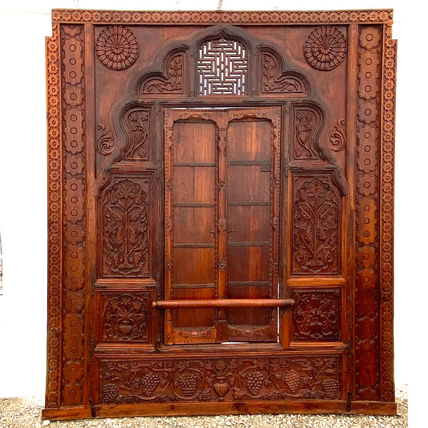 Large Indian Carved Teak Haveli Window with Shutters