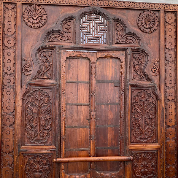 Large Indian Carved Teak Haveli Window with Shutters