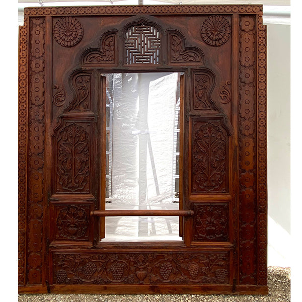 Large Indian Carved Teak Haveli Window with Shutters