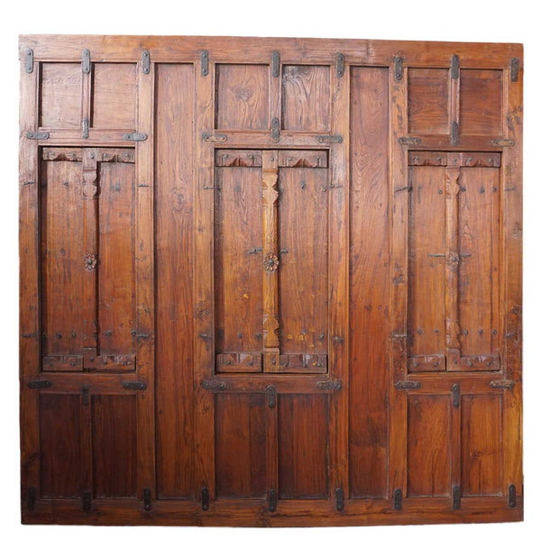 Indian Iron Mounted Teak Haveli Three-Window Wall Panel