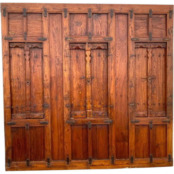 Indian Iron Mounted Teak Haveli Three-Window Wall Panel