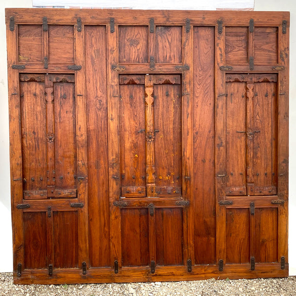 Indian Iron Mounted Teak Haveli Three-Window Wall Panel