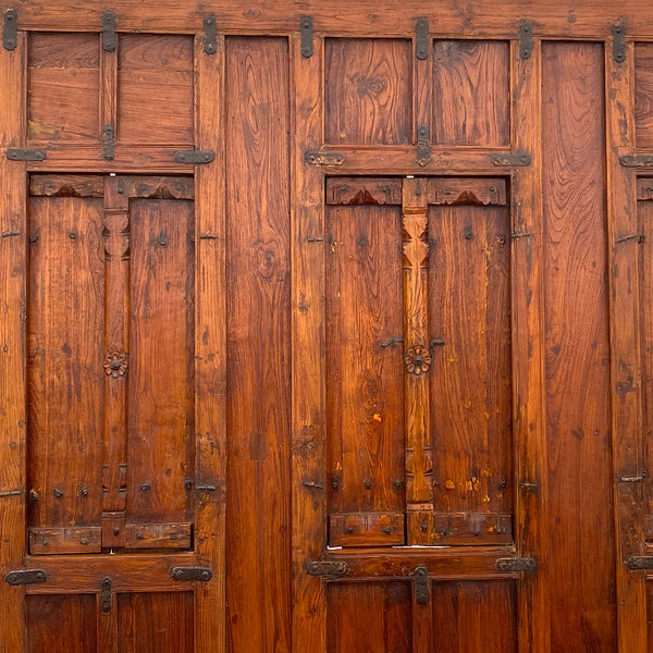 Indian Iron Mounted Teak Haveli Three-Window Wall Panel