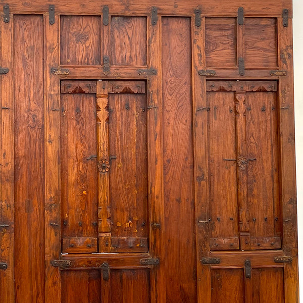 Indian Iron Mounted Teak Haveli Three-Window Wall Panel