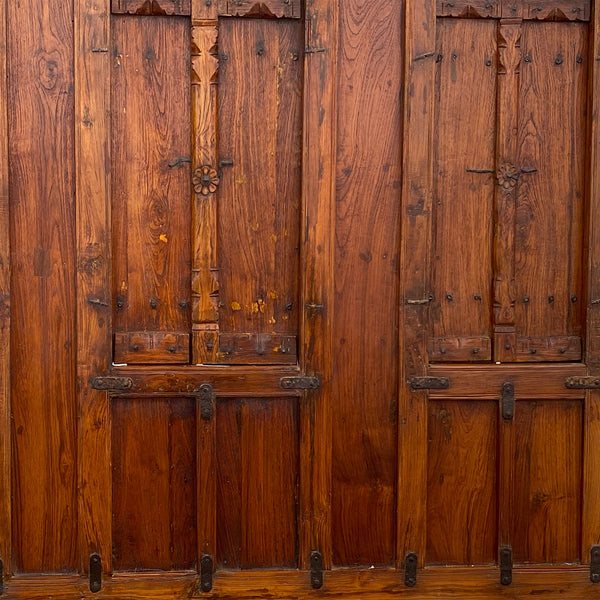 Indian Iron Mounted Teak Haveli Three-Window Wall Panel