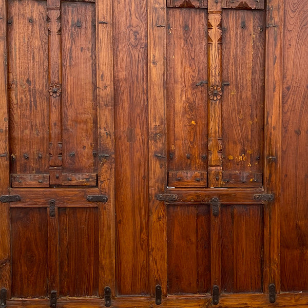 Indian Iron Mounted Teak Haveli Three-Window Wall Panel