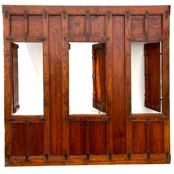 Indian Iron Mounted Teak Haveli Three-Window Wall Panel