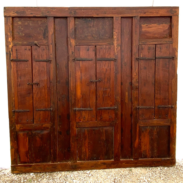 Indian Iron Mounted Teak Haveli Three-Window Wall Panel