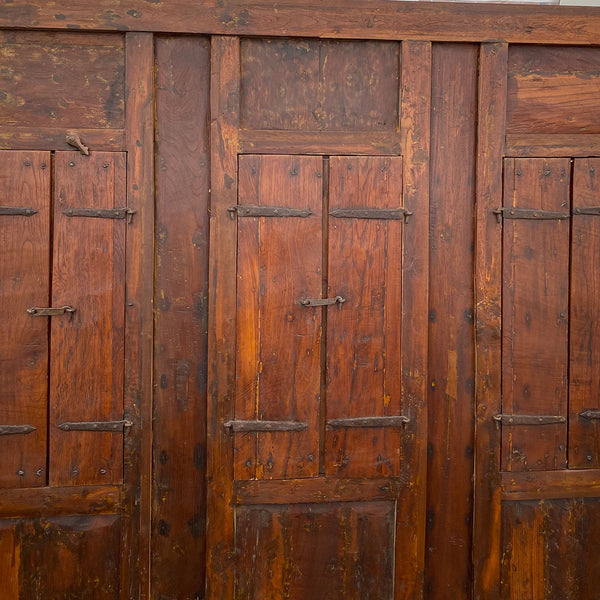 Indian Iron Mounted Teak Haveli Three-Window Wall Panel