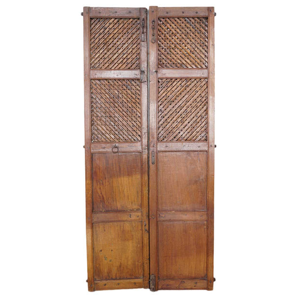 Indian Iron Mounted Teak Haveli Lattice Screen Double Door