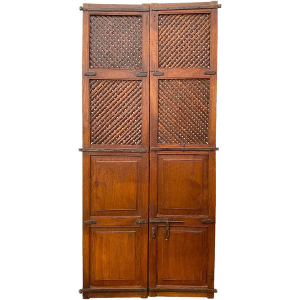 Indian Iron Mounted Teak Haveli Lattice Screen Double Door