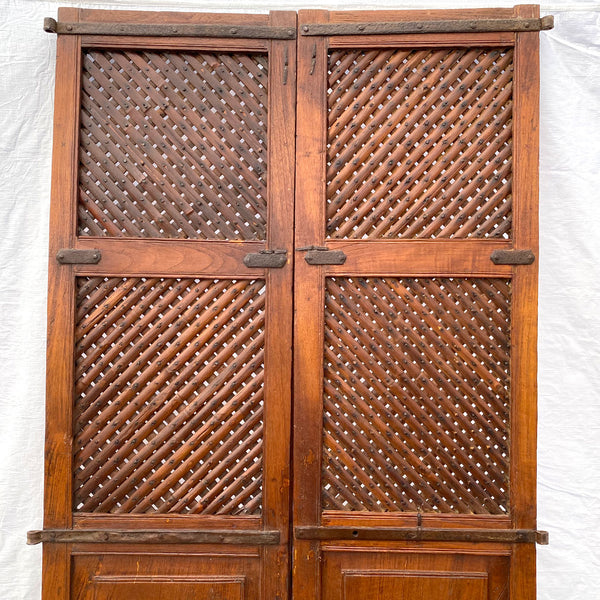 Indian Iron Mounted Teak Haveli Lattice Screen Double Door