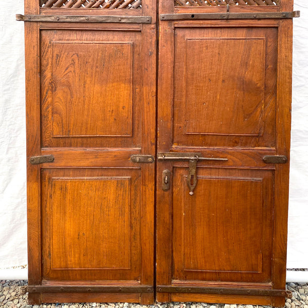 Indian Iron Mounted Teak Haveli Lattice Screen Double Door