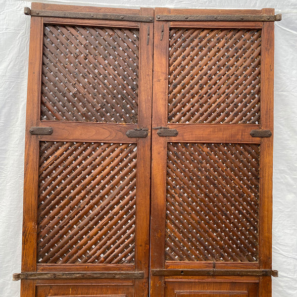 Indian Iron Mounted Teak Haveli Lattice Screen Double Door