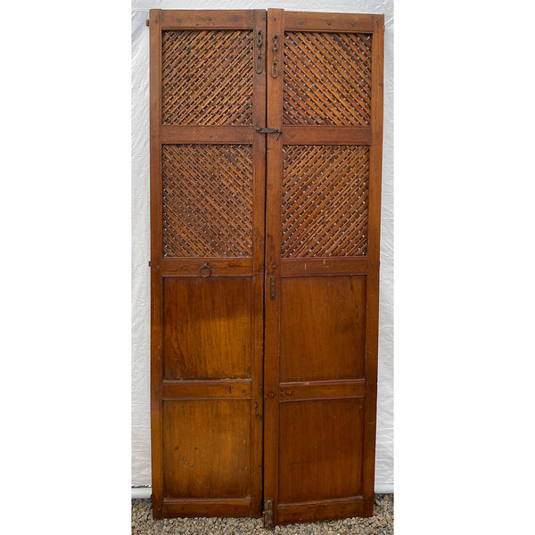 Indian Iron Mounted Teak Haveli Lattice Screen Double Door