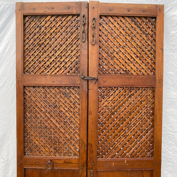 Indian Iron Mounted Teak Haveli Lattice Screen Double Door